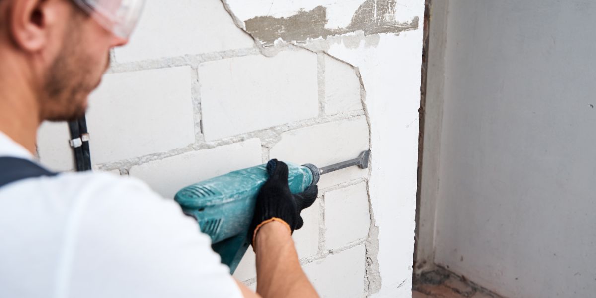 Worker using a power tool to chip away damaged stucco from a wall.