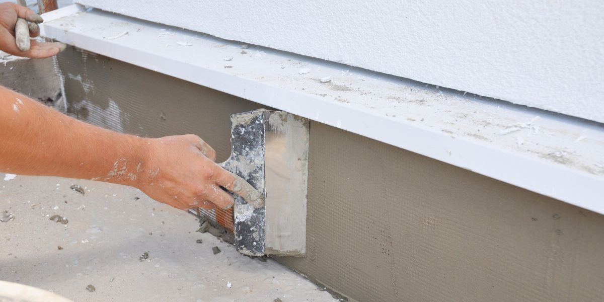 Person applying stucco to a building's exterior wall with a trowel.